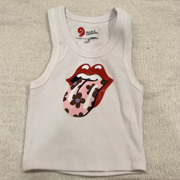 Tops - White Graphic Tank Top with Pink Floral Tongue - Rolling Stones Inspired